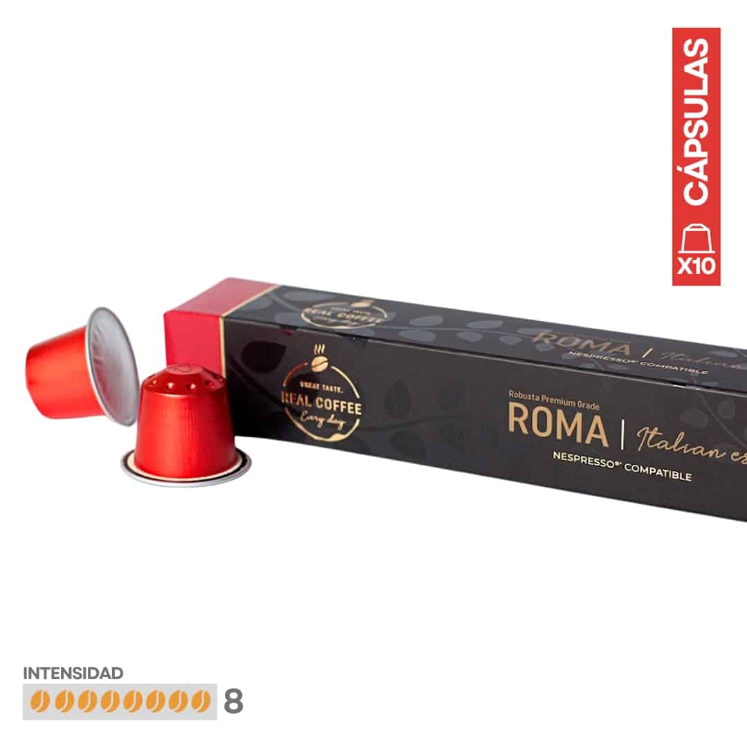 REAL-COFFEE-2026-NESSPRESO-COMPATIBLE-PACK-10-ROMA 10 Cápsulas Café Espresso Roma, Extra Strong, Fair Trade Espresso - Imagen 1